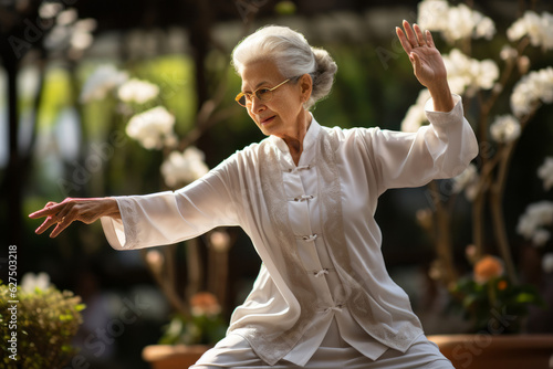 A senior woman practicing tai chi in a serene garden, embodying balance, inner peace, and the benefits of mindful movement. Generative AI photo