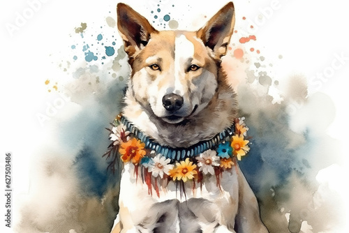 Watercolor illustration of wolfdog in flower necklace with drops and splashes of watercolor paint on white background   generative AI