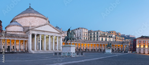 Neaples - The Basilica Reale Pontificia San Francesco da Paola - Piazza del Plebiscito square in the morning dusk.	

