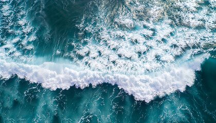 Spectacular aerial top view background photo of ocean sea water white wave splashing in the deep sea. Drone photo backdrop of sea wave in bird eye waves.