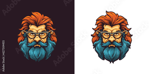 Beardmen Mascot logo design concept, Beardmen with Orange color hair, Beard men Logo desgin isolated on background, Men wearing glasses with long and swaggy beard and mustache, Confident men avatar