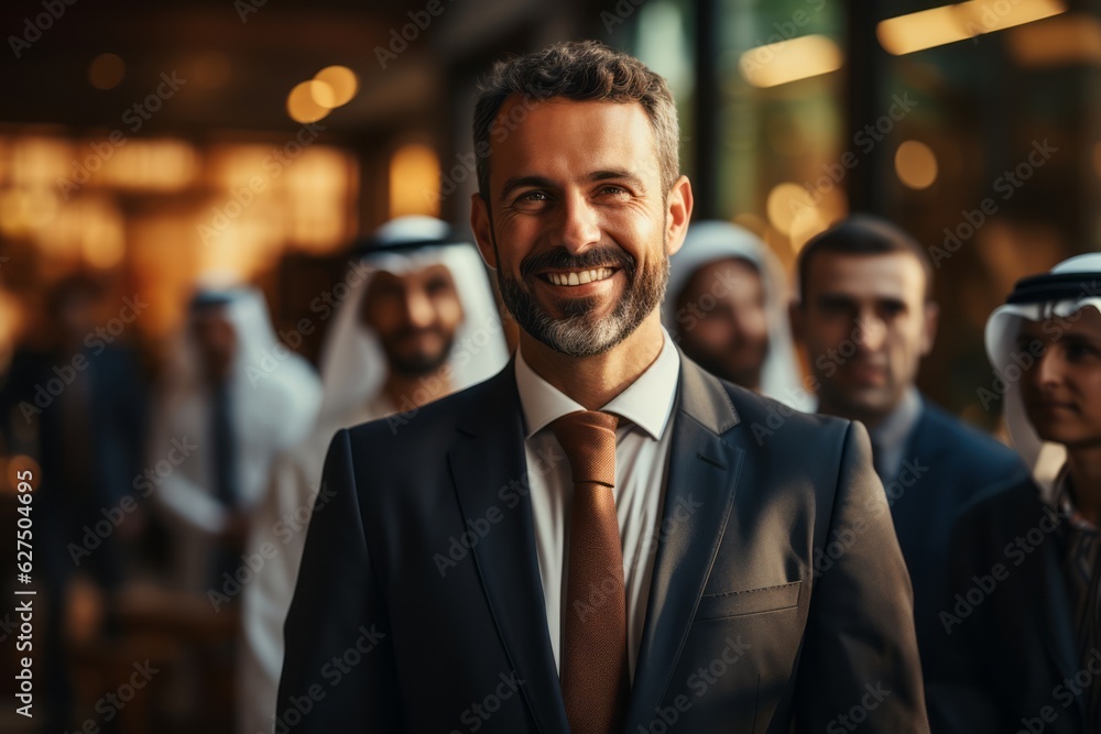 An Arab businessman leading a diverse team meeting, showcasing leadership and collaboration in a multicultural workplace. Generative Ai An Arab businessman leading a diverse team meeting, showcasing leadership and collaboration in a multicultural workplace. Generative Ai