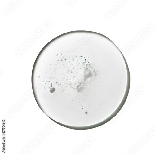 Texture swatch of glycerin gel transparent hyaluronic acid serum on white isolated background, macro. Detergent, cosmetics, laboratory. A round drop