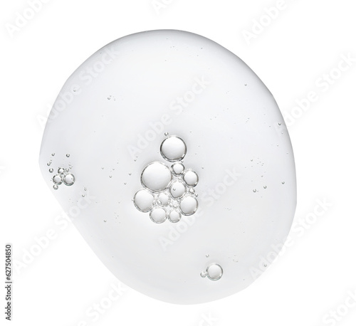 Texture swatch of glycerin gel transparent hyaluronic acid serum on white isolated background, macro. Detergent, cosmetics, laboratory. A round drop