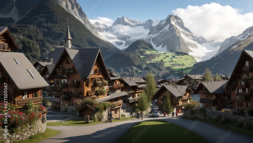 swiss village in the mountains illustration generative ai