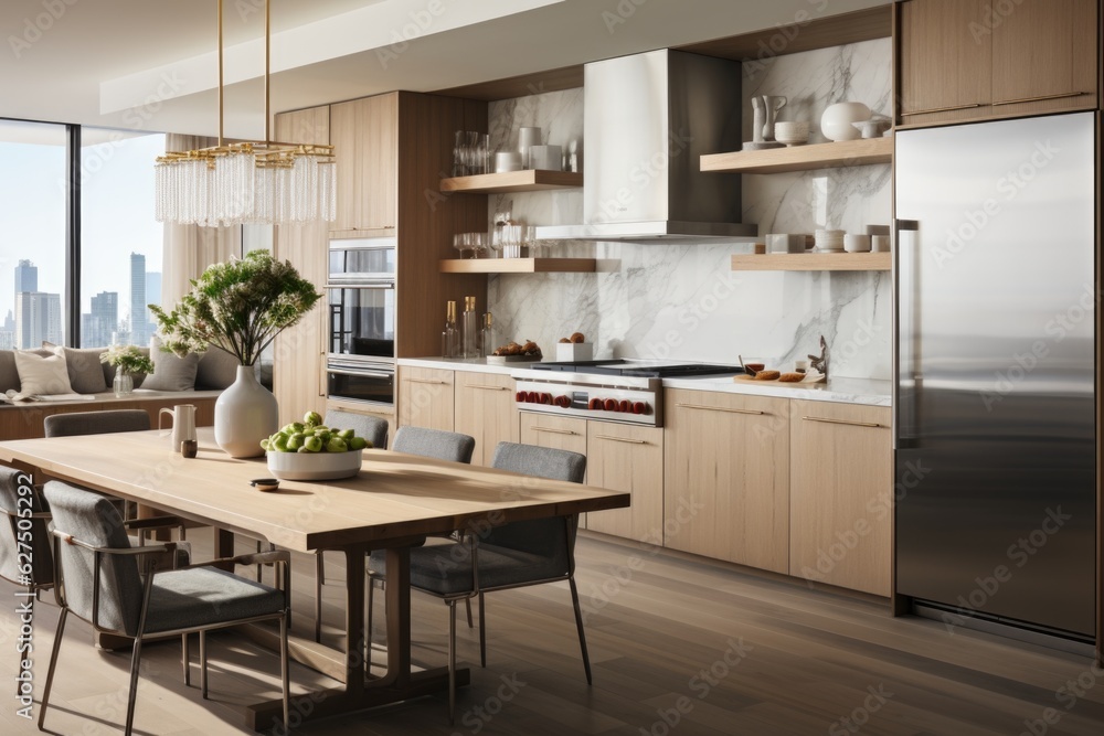 A sleek and contemporary kitchen with stainless steel appliances, luxurious marble countertops, and an open layout that seamlessly merges with the dining area. Generative AI