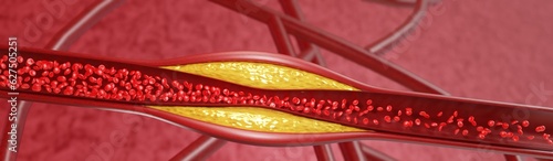 Hyperlipidemia. Blocked artery concept and human blood vessel as a disease with cholesterol fat buildup clogging. Clogged arteries, Cholesterol plaque in the artery. 3D Rendering photo