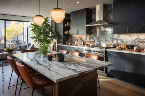 A sleek and contemporary kitchen with stainless steel appliances  luxurious marble countertops  and an open layout that seamlessly merges with the dining area. Generative AI