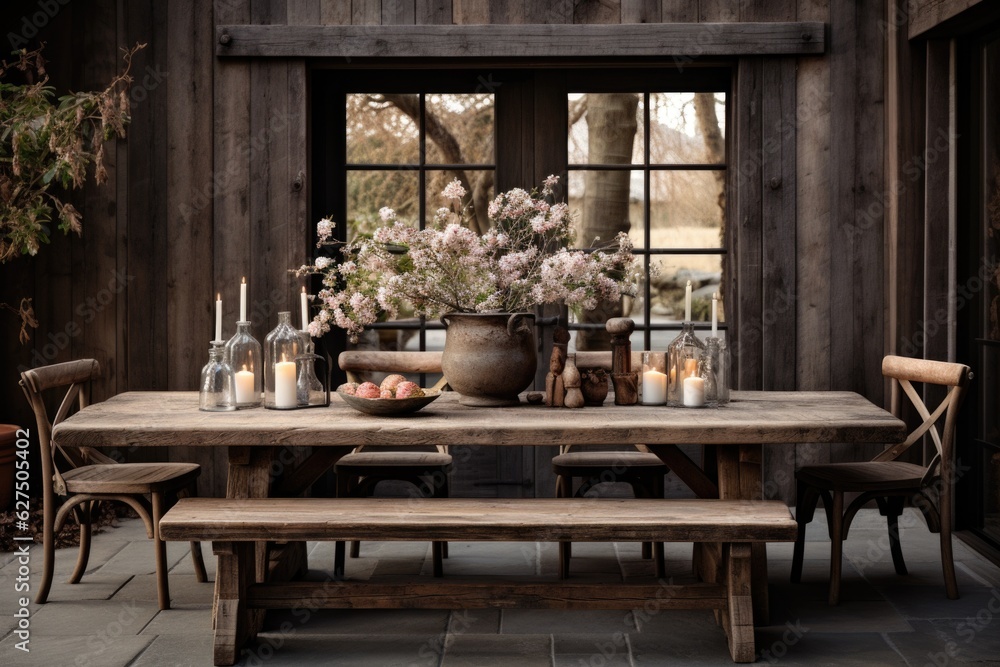 Cozy and inviting, a rustic dining room boasts a wooden table, mismatched chairs, and an oversized chandelier, setting a warm ambiance. Generative AI