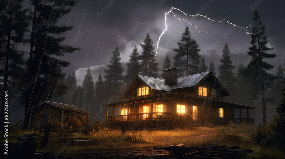 Cozy house and clouded dark stormy horizon with eerie lightning. Generative AI