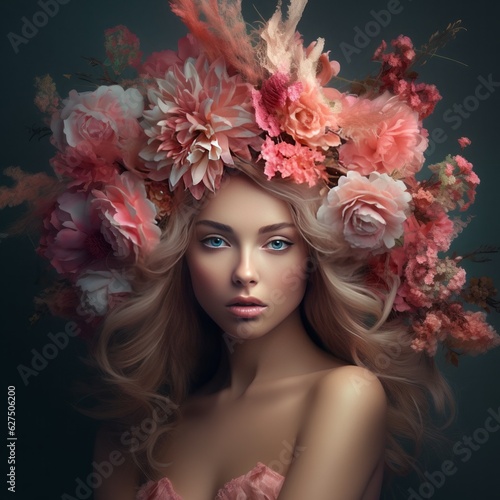 Floral spring concept of fresh spring vivid color flowers on the face and body of a young beautiful attractive girl. Abstract portrait. Generative AI.