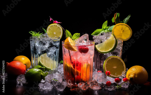 Fresh cocktails with ice lemon lime and fruits