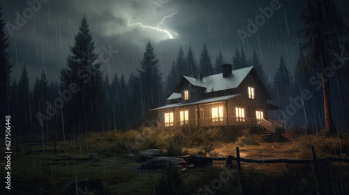 Cozy house and clouded dark stormy horizon with eerie lightning. Generative AI