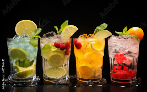 Fresh cocktails with ice lemon lime and fruits