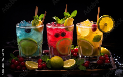 Fresh cocktails with ice lemon lime and fruits