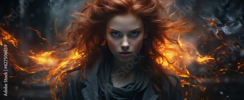 Witch young woman with red hair on fire
