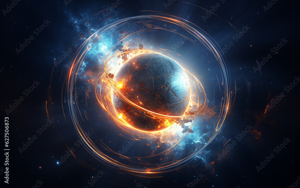 Glowing spaceship orbits sphere in deep space Glowing spaceship orbits sphere in deep space