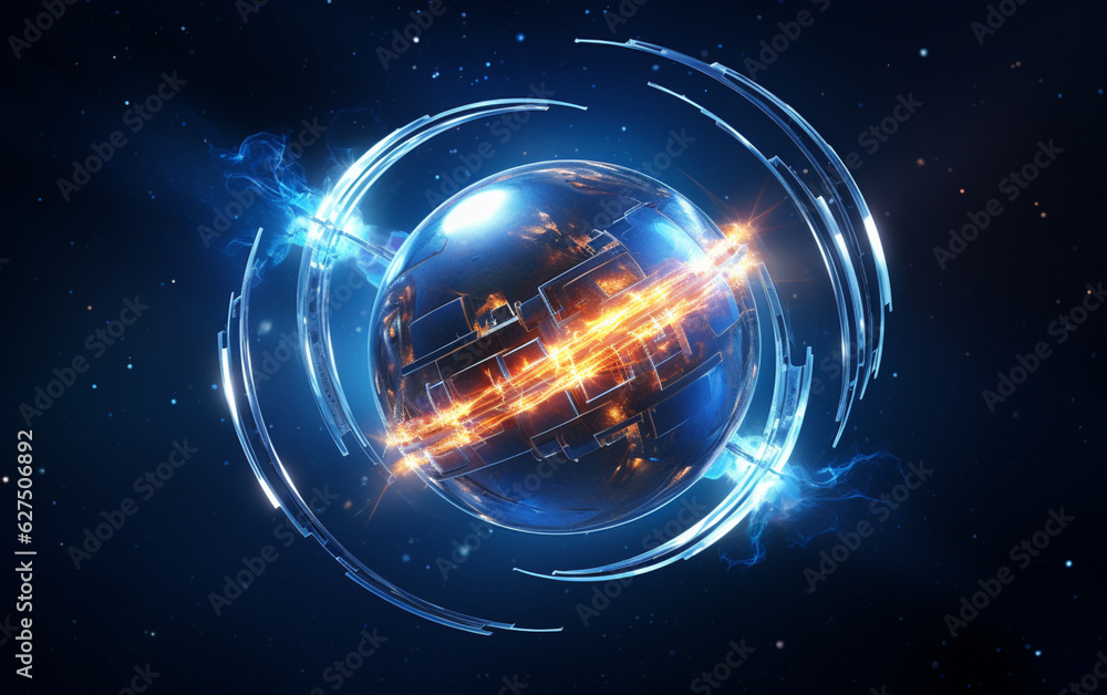 Obraz premium Glowing spaceship orbits sphere in deep space