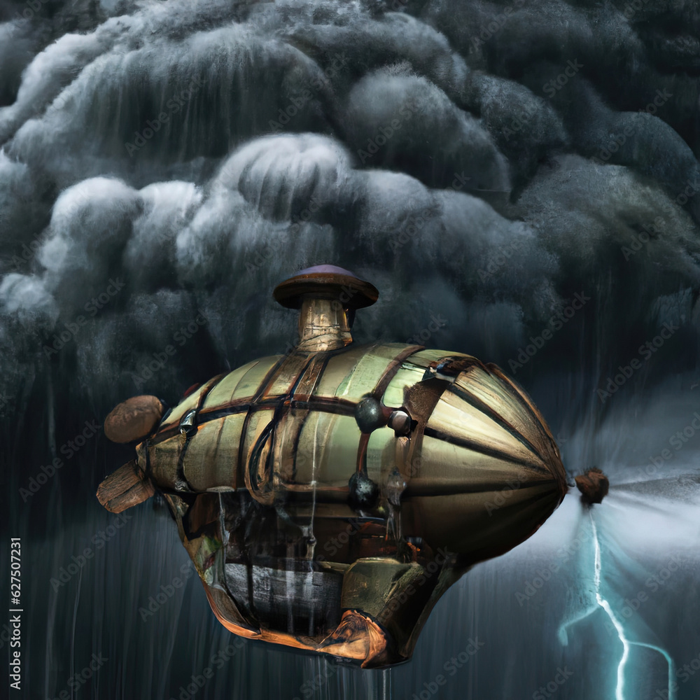 Surreal steampunk dirigible during a fierce storm