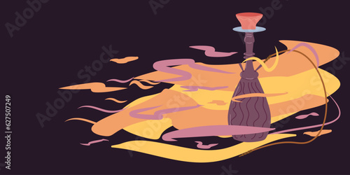 Banner layout design template for hookah bar. Background. Hookah in colored smoke. Vector flat illustration.