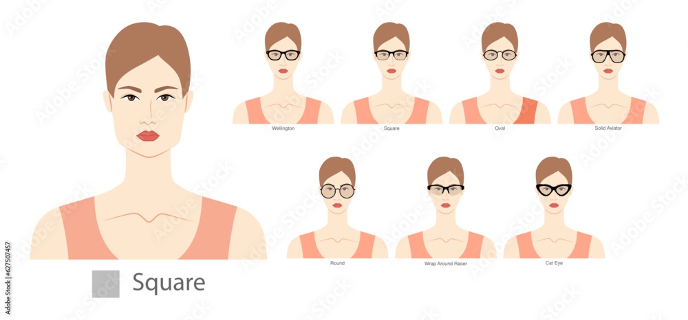 Fototapeta premium Set of types of glasses for Women square type faces fashion accessory illustration. Sunglass front view unisex silhouette style, flat rim spectacles eyeglasses, lens sketch style outline isolated