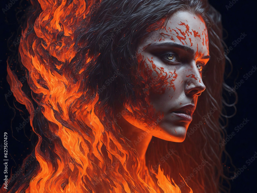 A bold female face in the midst of flames. Embracing the Inferno, A Woman's Courage to Rise Stronger from Adversity