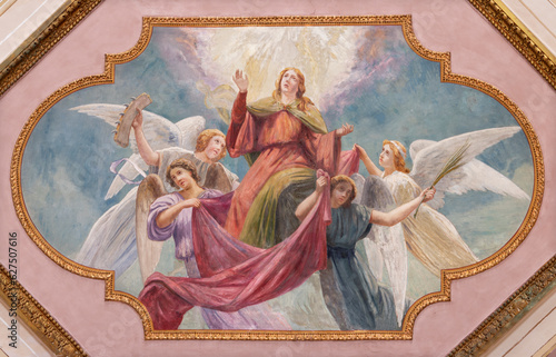 NAPLES, ITALY - APRIL 20, 2023: The fresco of  Apotheosis of St. Catherine of Alexandria in the church Chiesa di Santa Caterina a Chiaia by Gustavo Girosi (1909).