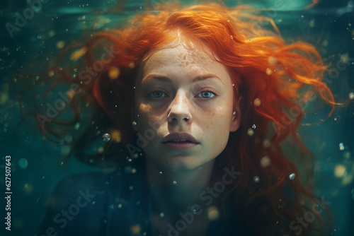 Beautiful young girl enjoying tropical exotic sea, swimming and diving on water surface. Underwater portrait, girl on summer vacation. Generative AI.