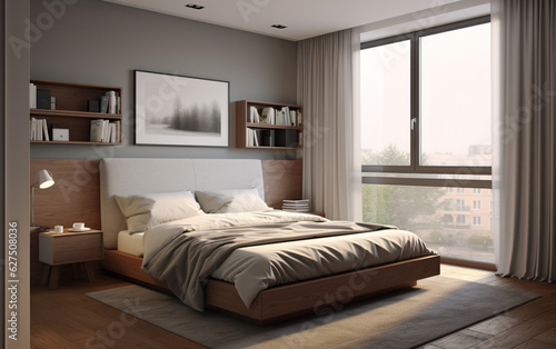 Modern apartment bedroom comfortable bed near window