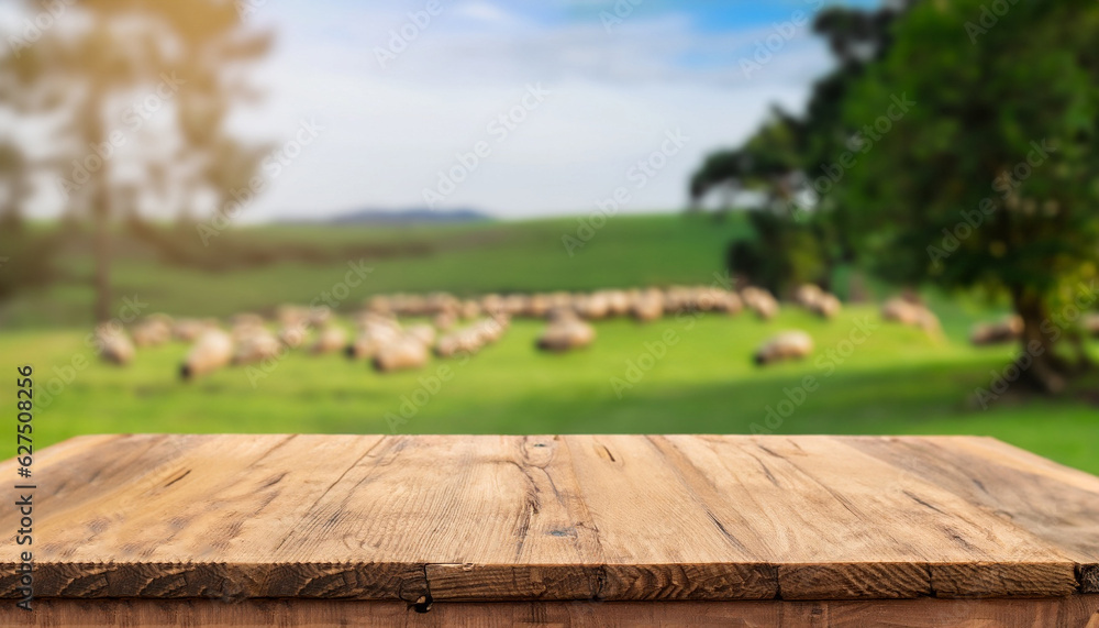 The empty wooden brown table top with blur background of sheep pasture.