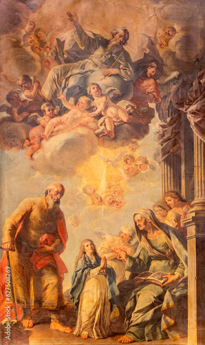 NAPLES, ITALY - APRIL 20, 2023: The painting of Virgin Mary with the St. Ann and Joachim in the church Chiesa di Santa Caterina a Chiaia by Benedetto Torre from 18. cent.