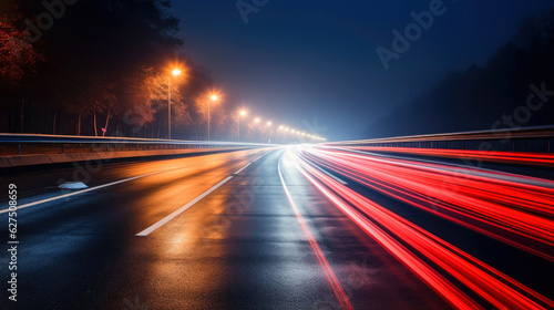 Long-exposure photography of a road at night in the city. Generative AI