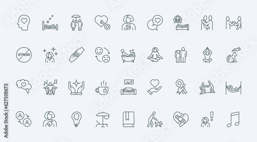 Help and support in stress, wellbeing thin line icons set vector illustration. Symbols of self mind hygiene and mental health to heal stress problems and depression, psychology assistance and therapy
