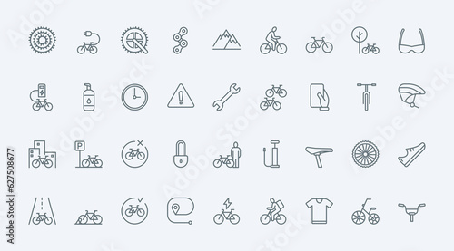 Bike shop, repair service and rent thin line icons set vector illustration. Linear pictograms of cyclists gears and electric or mountain bike elements, mobile tracker for bicycle sharing and rental