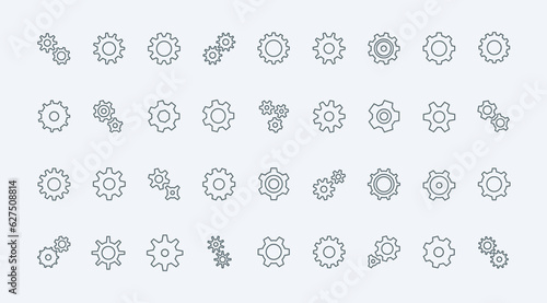 Gears and cogwheels thin line icons set vector illustration. symbols of circle transmission gears for factory machinery and machine engine, bike and clock sprocket, teamwork progress and setting signs