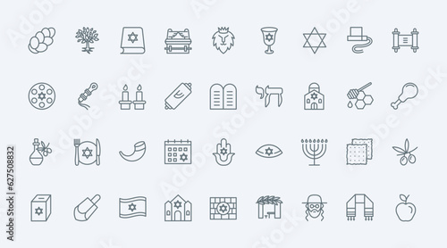 Judaism thin black line icons set vector illustration. Outline Israel religion symbols with Hanukkah and Jewish synagogue, Star of David and Torah scroll, rabbi and challah bread, hamsa and dreidel
