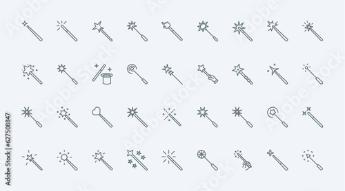 Magic wand thin line icons set vector illustration. Linear pictograms of wizards hand and hat for illusion tricks with stars and sparkles effect, magician outline symbols of imagination and miracle
