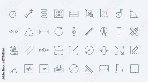 Dimension, area and measure thin black line icons set vector illustration. Outline infographic pictograms of length, height and width measurement, circular and straight lines with arrows and scales