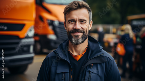 truck driver stand in front of the vehicle happy smile confident