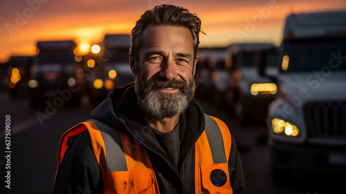 truck driver stand in front of the vehicle happy smile confident