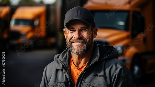 truck driver stand in front of the vehicle happy smile confident