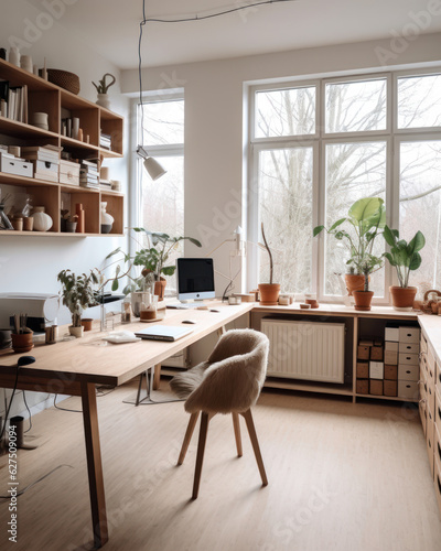 a Scandinavian office with white and wood colors 