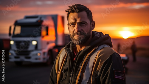 truck driver stand in front of the vehicle happy smile confident