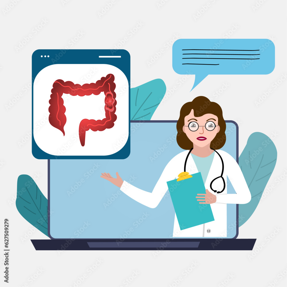 Medical cartoon doctor online telling about gut problem disease in vector illustration Medical cartoon doctor online telling about gut problem disease in vector illustration