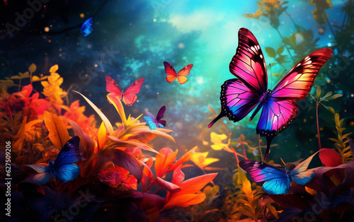 Multi colored butterfly flies among vibrant nature beauty