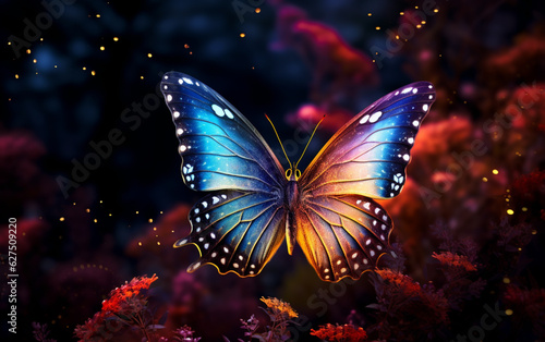 Multi colored butterfly flies among vibrant nature beauty