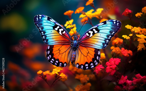 Multi colored butterfly flies among vibrant nature beauty