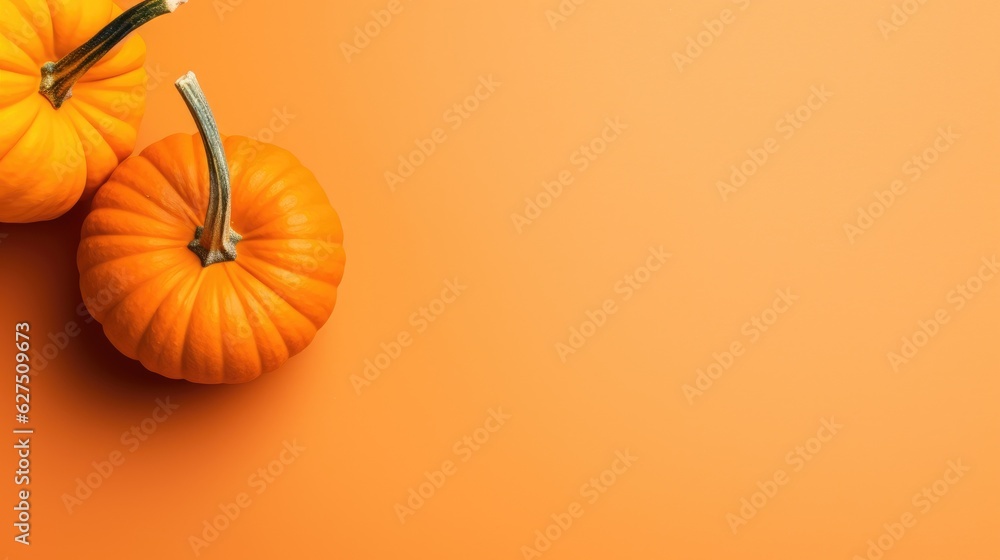 Happy halloween flat lay mockup with pumpkin on orange background. Generative AI