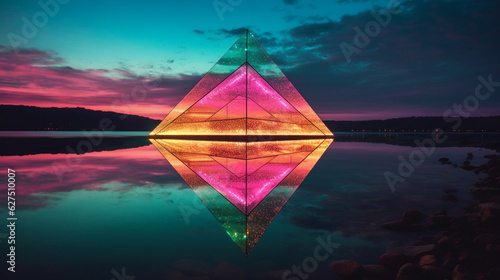 Avant-garde geometric glass and iridescent architecture in the middle of a lake at sunset. © Moon Project