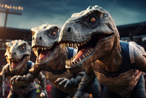 3d render of a fun-filled image of dinosaurs competing in soccer sport event. Generative Ai © bluebeat76